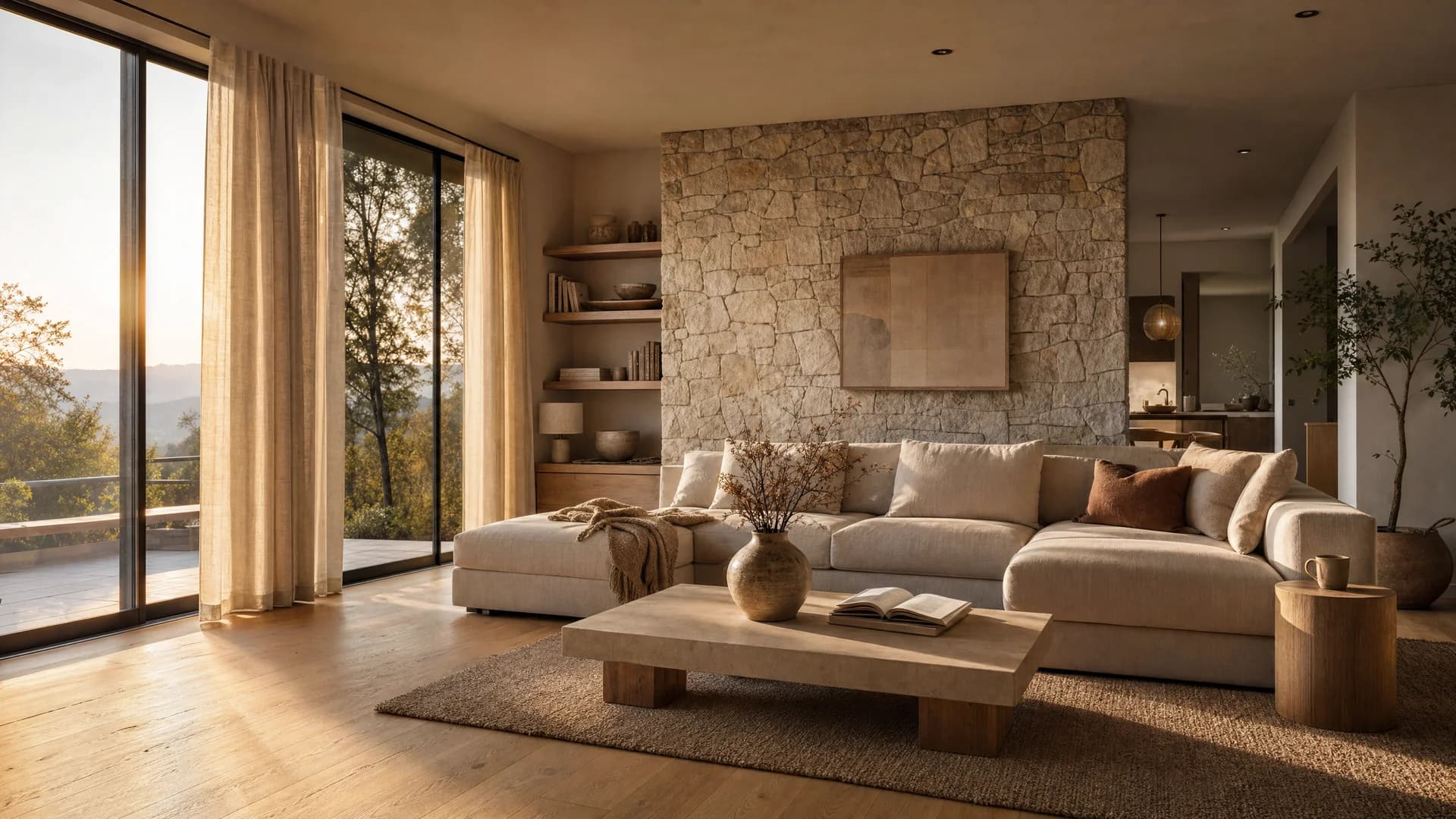 Unutrašnji 3D render dnevne sobe sa nameštajem i prirodnim osvetljenjem
