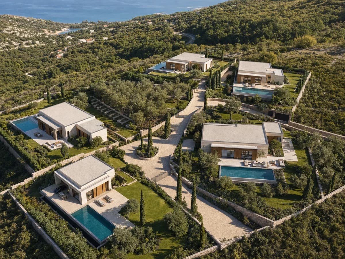 3D site planovi - Pregled cele parcele sa objektima, pristupima, zelenilom i širim odnosom prostora.