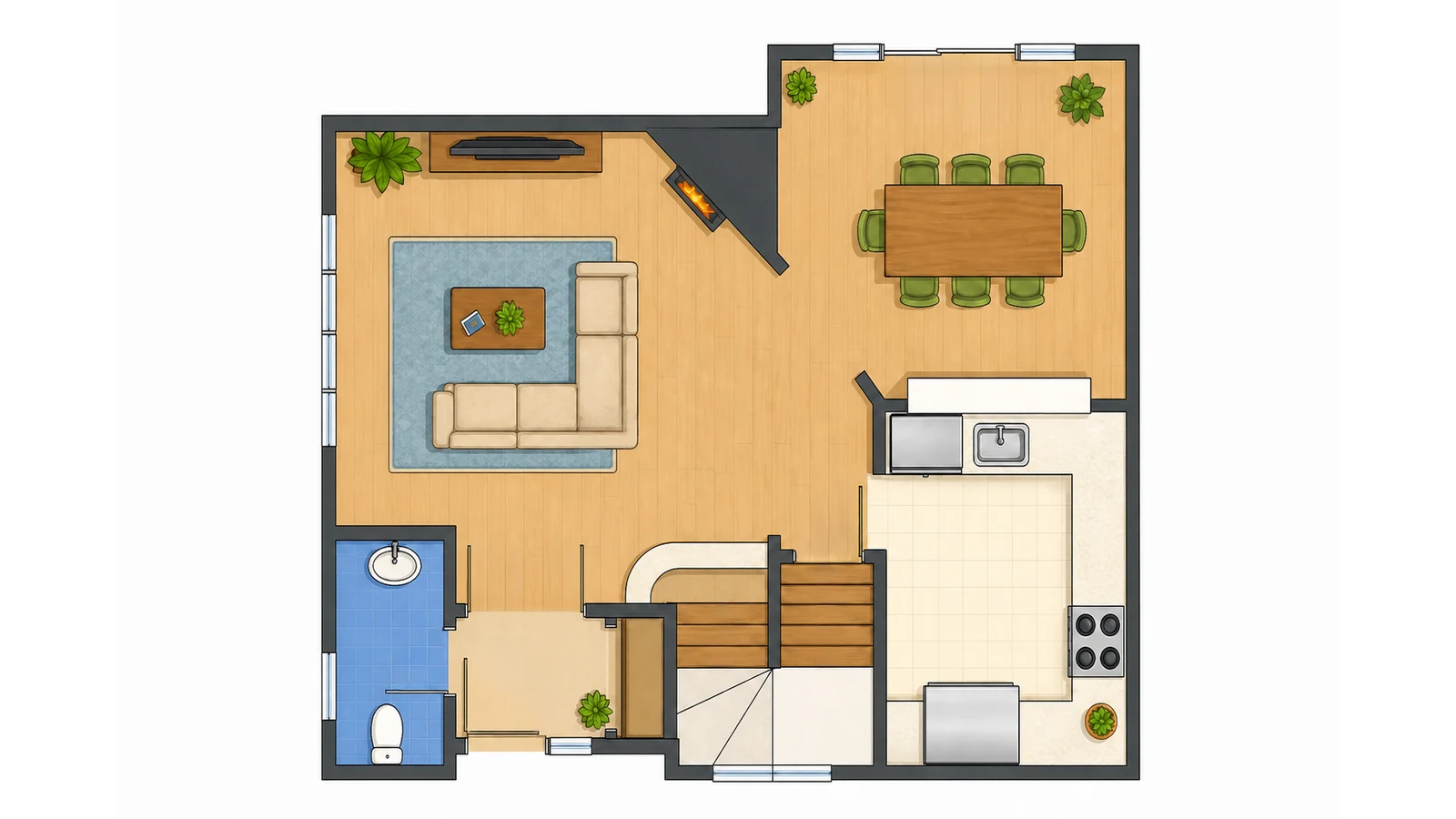 Kolorisan 2D tlocrt prizemlja — dnevni boravak, trpezarija i kuhinja, Elegant Render