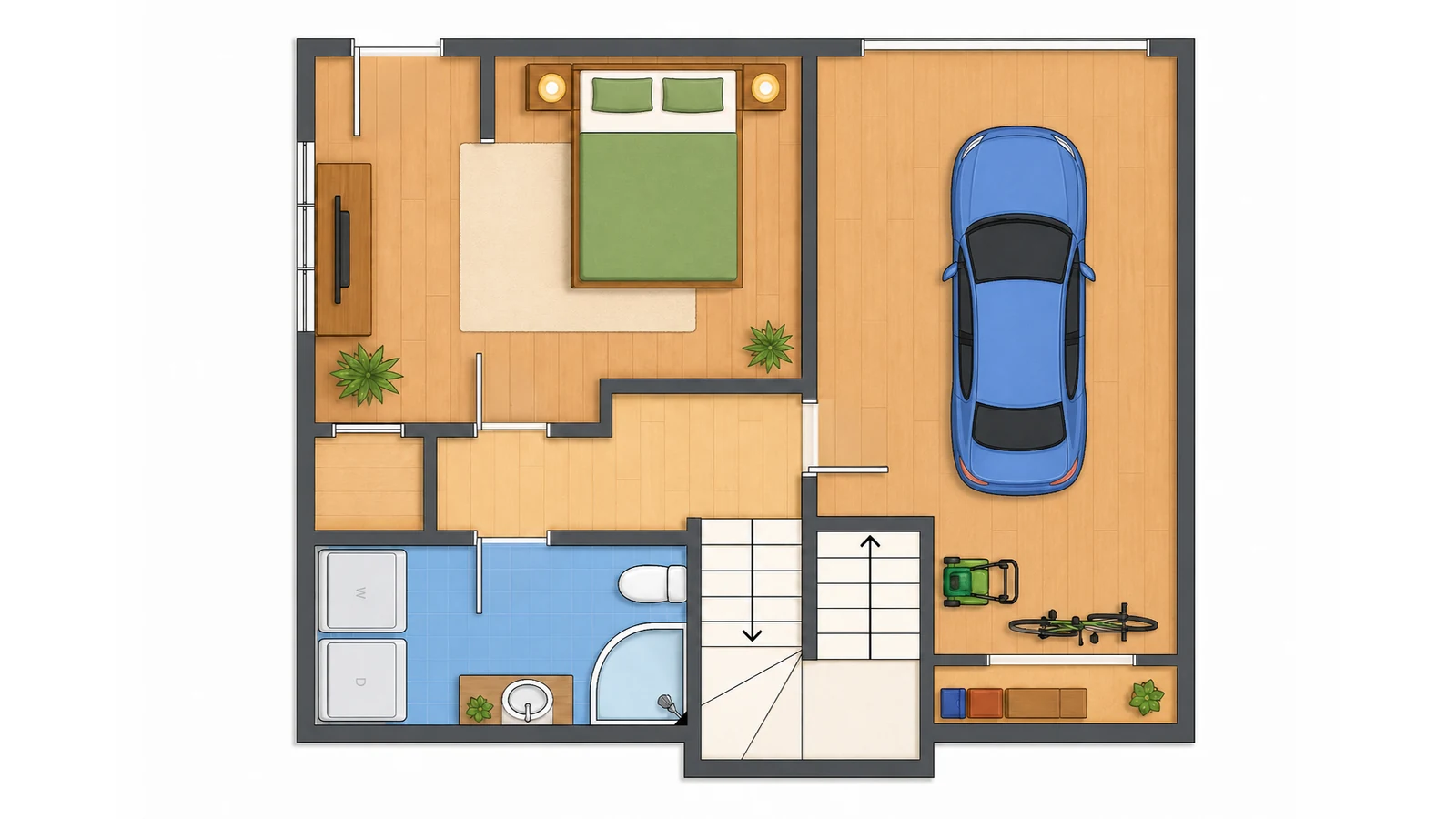 Kolorisan 2D tlocrt sprata sa garažom — spavaća soba, kupatilo i garaža, Elegant Render