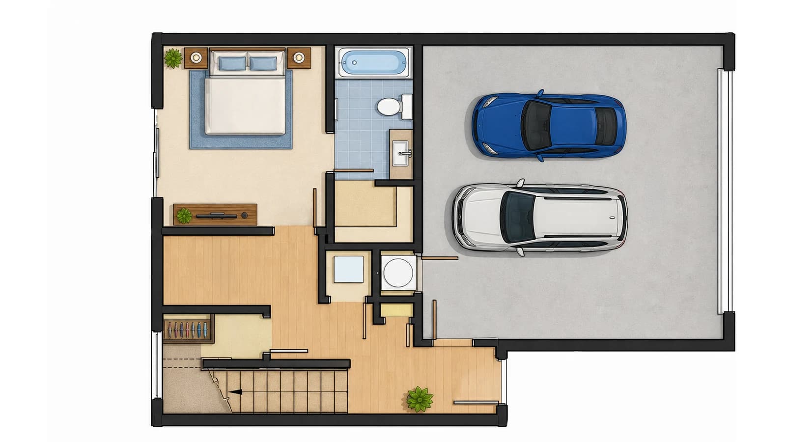 Kolorisan 2D tlocrt nivoa sa duplom garažom — spavaća soba, kupatilo i dva parking mesta, Elegant Render