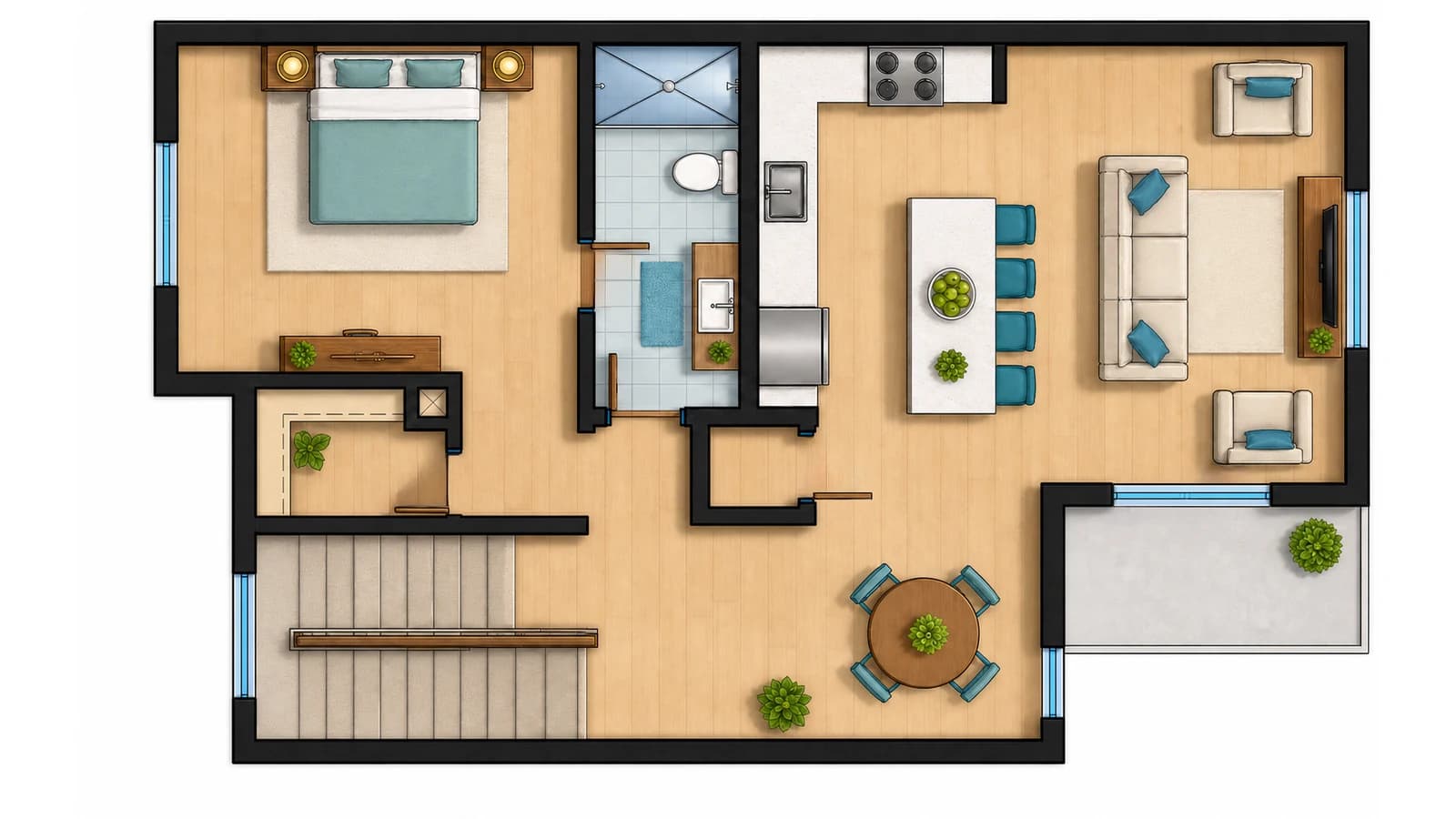 Kolorisan 2D tlocrt stana — spavaća soba, kupatilo, kuhinja i dnevni boravak, Elegant Render