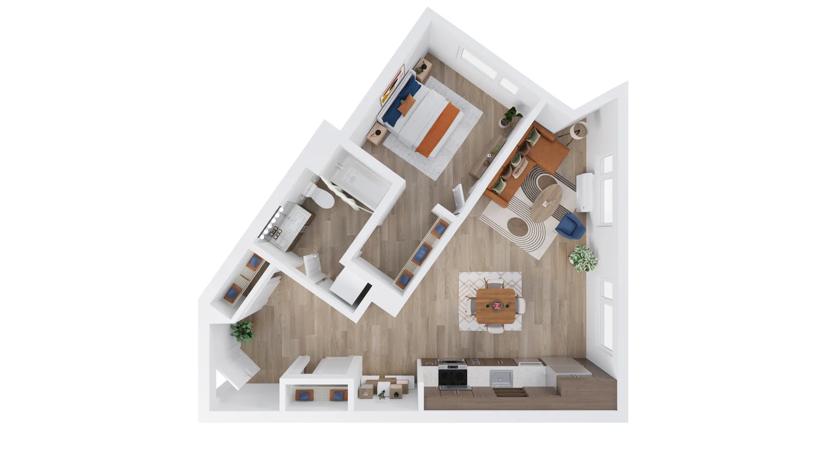 3D osnova stana — fotorealističan prikaz rasporeda sa nameštajem i materijalima iz ptičje perspektive, Elegant Render