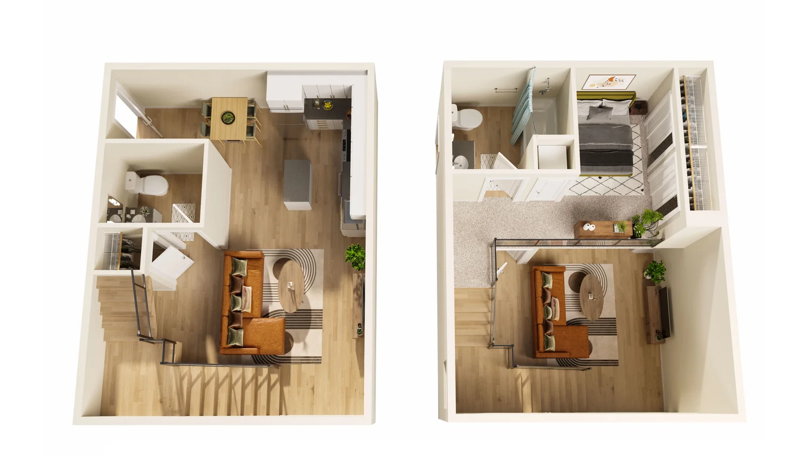 3D osnova stana — 3D prikaz rasporeda i nameštaja, pogled odozgo, Elegant Render