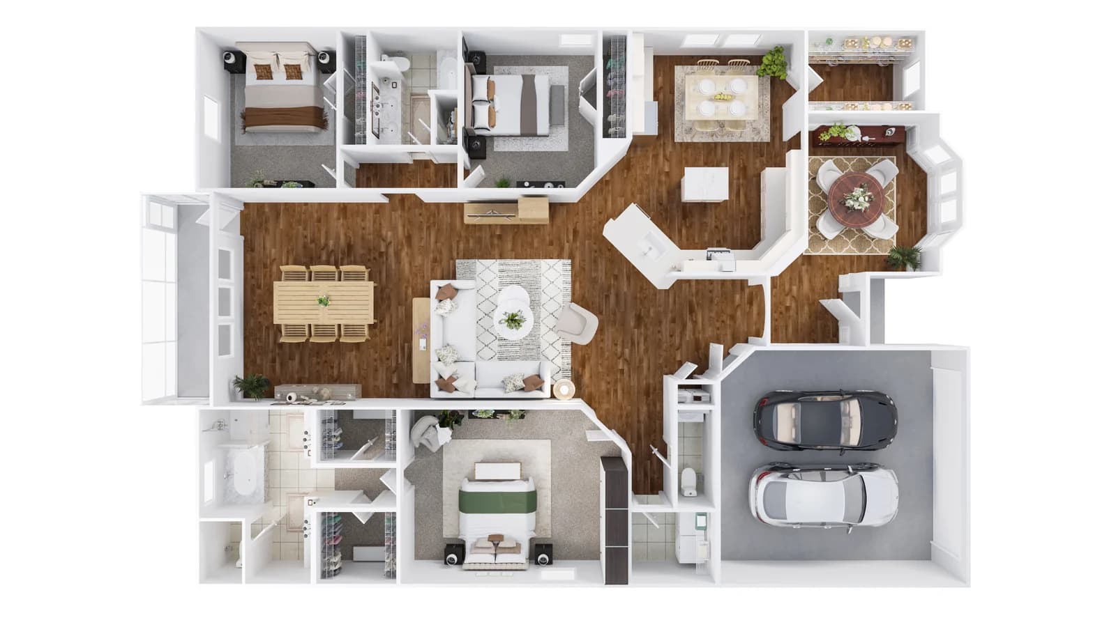 3D osnova stana — fotorealističan 3D tlocrt sa nameštajem i materijalima, Elegant Render