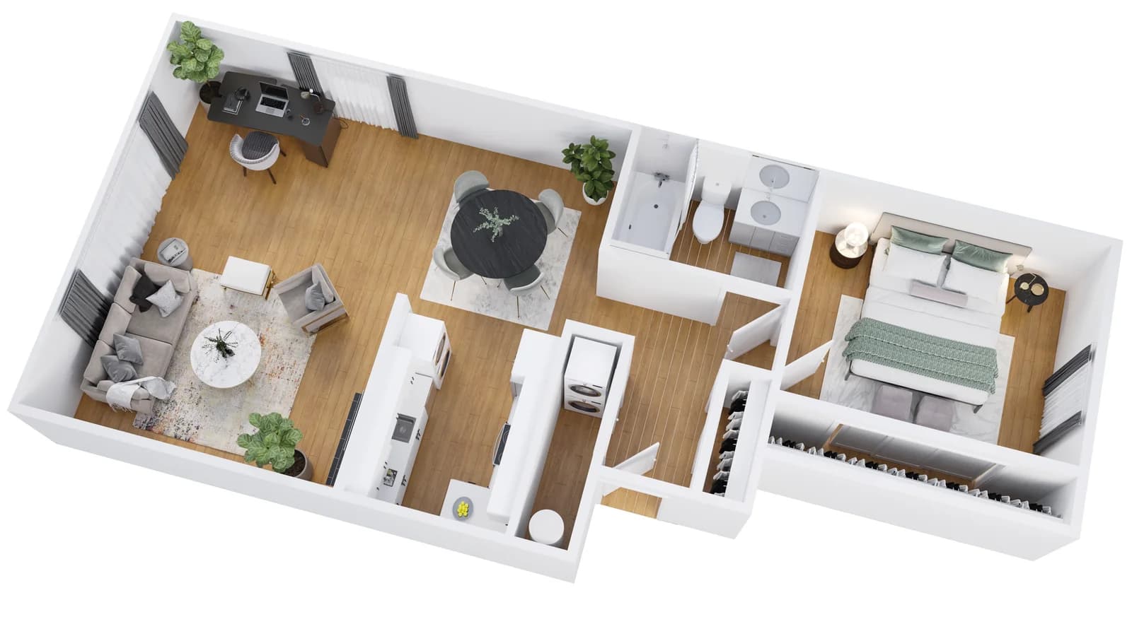 3D osnova stana — 3D prikaz rasporeda prostorija i nameštaja iz ptičje perspektive, Elegant Render