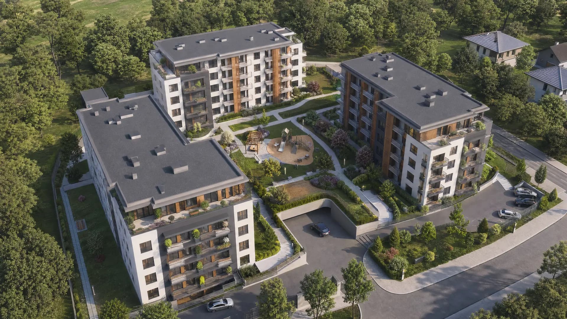 3D situacioni plan — stambeni kompleks sa 3 zgrade, zajedničkim prostorom i parking zonama