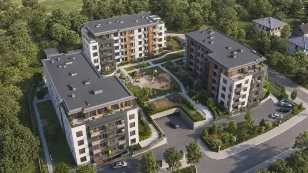 3D situacioni plan — stambeni kompleks sa 3 zgrade, zajedničkim prostorom i parking zonama iz vazduha, Elegant Render