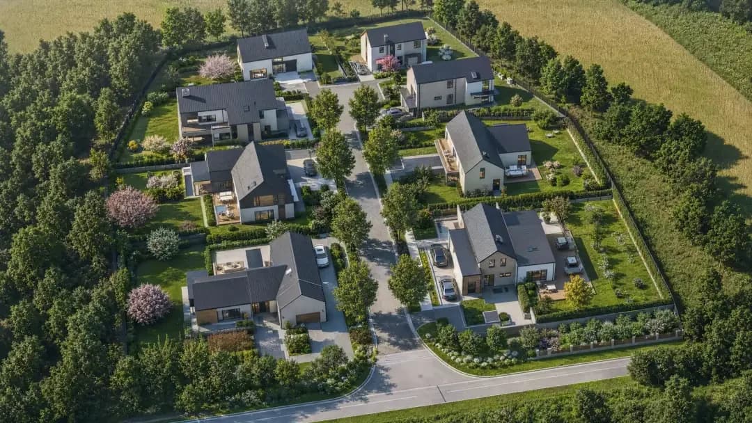 3D situacioni plan naselja porodičnih kuća — 3D prikaz parcela, dvorišta i pristupnih puteva iz vazduha, Elegant Render