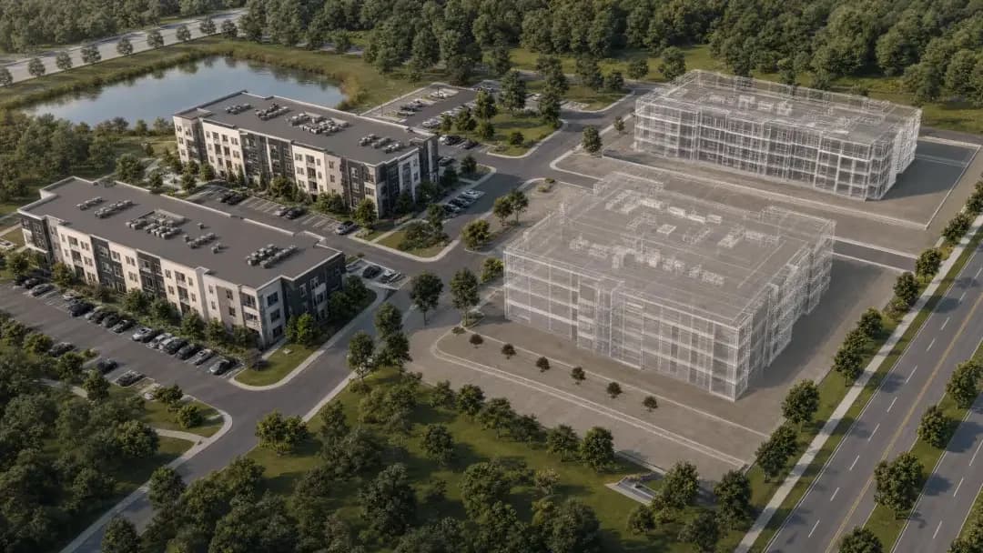 3D situacioni plan kompleksa — fotorealističan 3D prikaz objekata i uređenja terena iz vazduha, Elegant Render