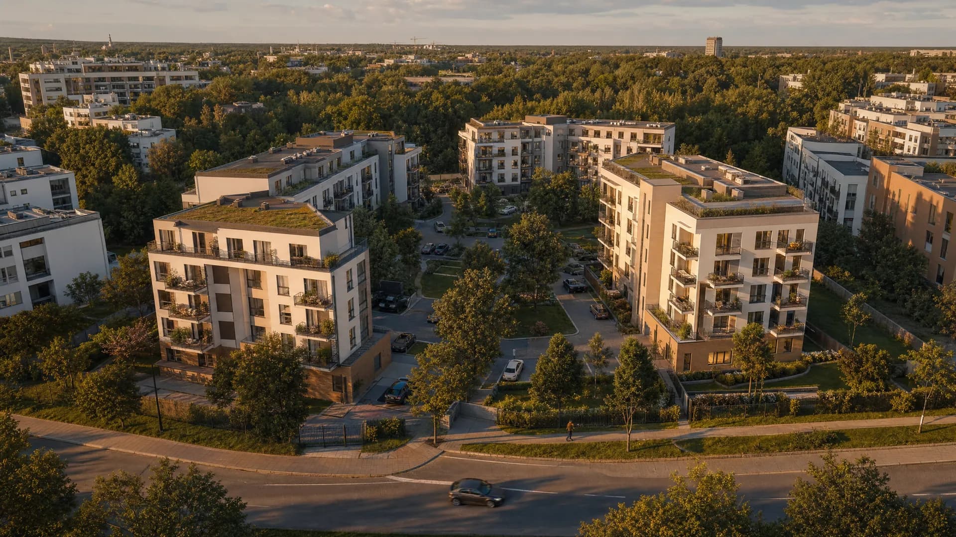 Stambeni kompleks, ptičja perspektiva — parcela, pristupni putevi i zelenilo — Elegant Render