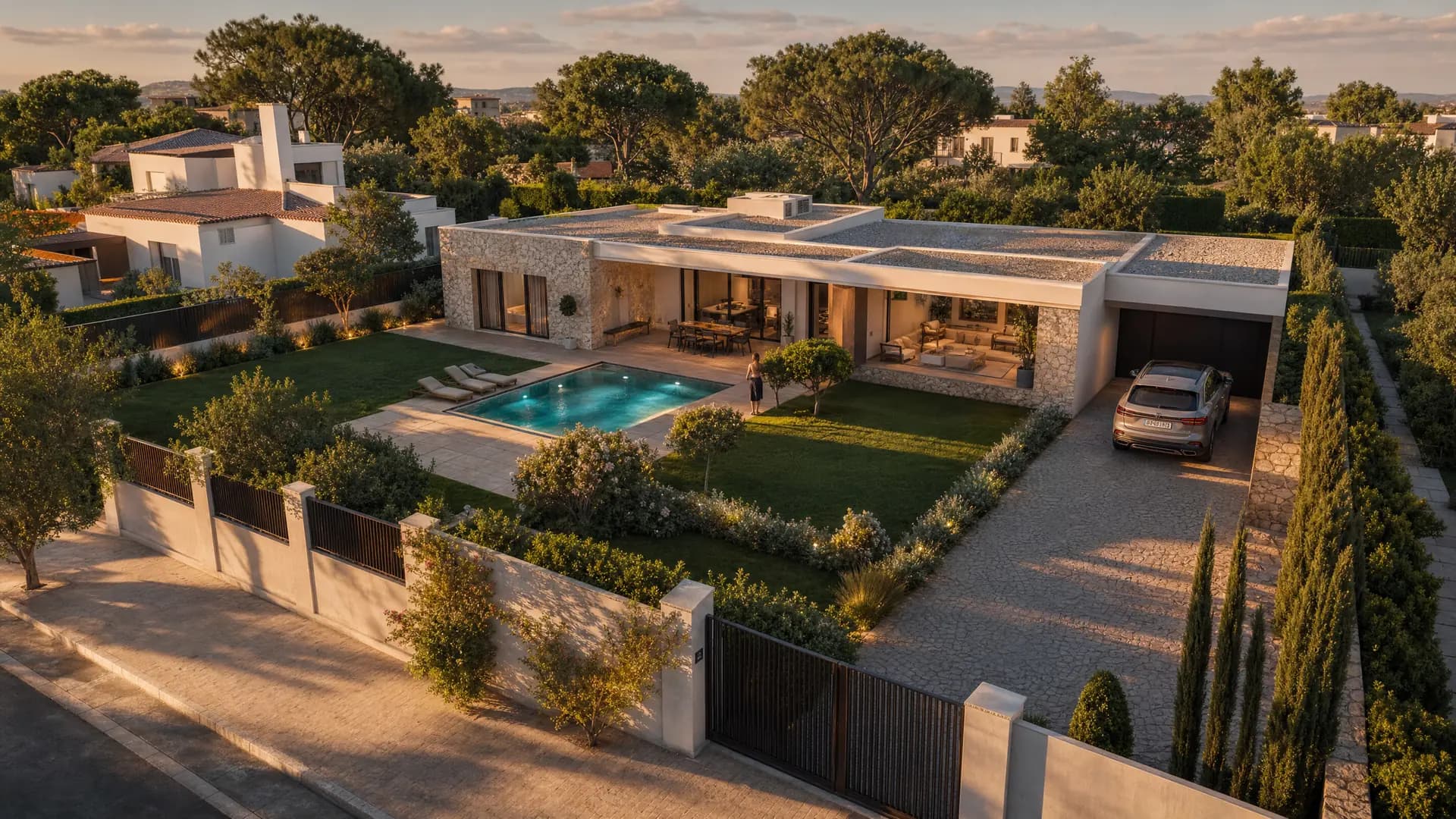 Individualna vila, ptičja perspektiva — parcela, pristupni putevi i zelenilo — Elegant Render