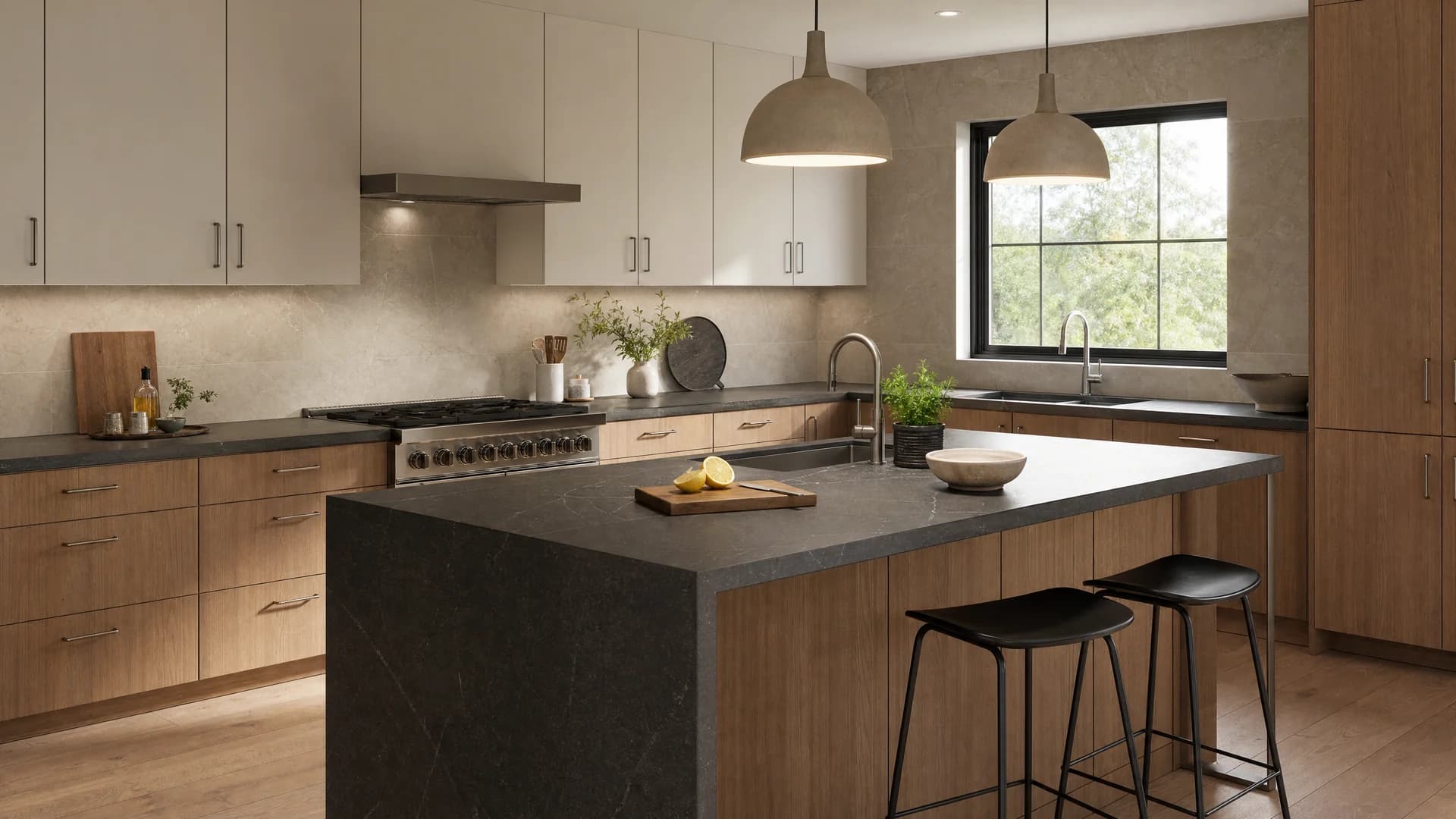 Kuhinja sa pendant svetlima i materijalom kamene radne ploče — Elegant Render