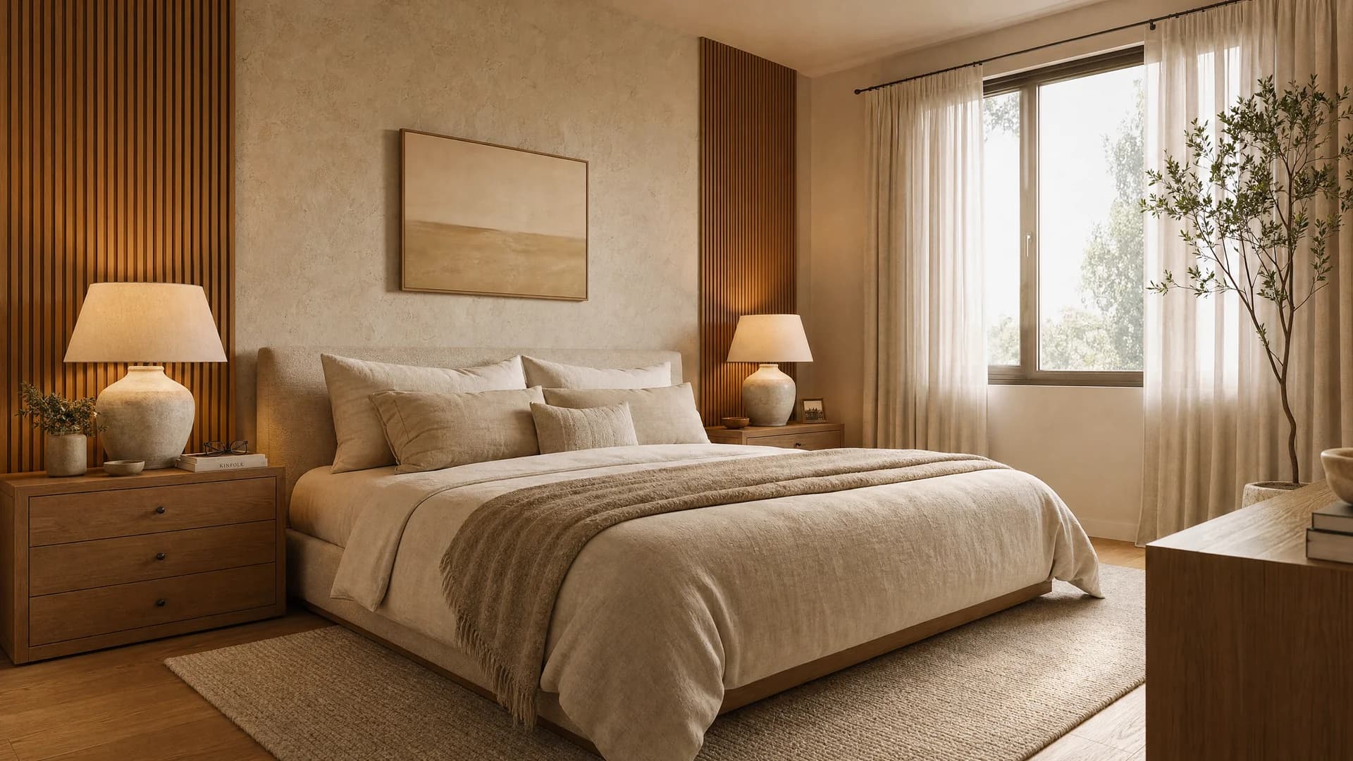 Glavna spavaća soba sa indirektnim svetlom i toplom paletom — Elegant Render