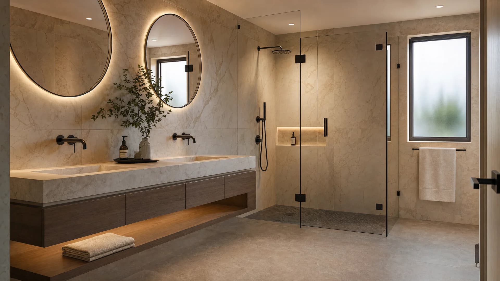 Kupatilo sa prirodnim svetlom i mermernim materijalom — Elegant Render