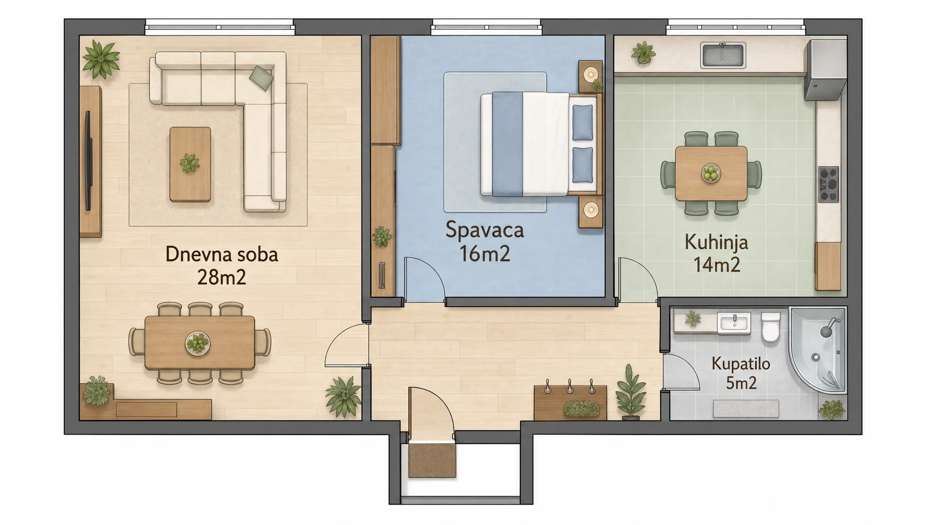 2D osnova — čist tehnički plan sa oznakama i dimenzijama