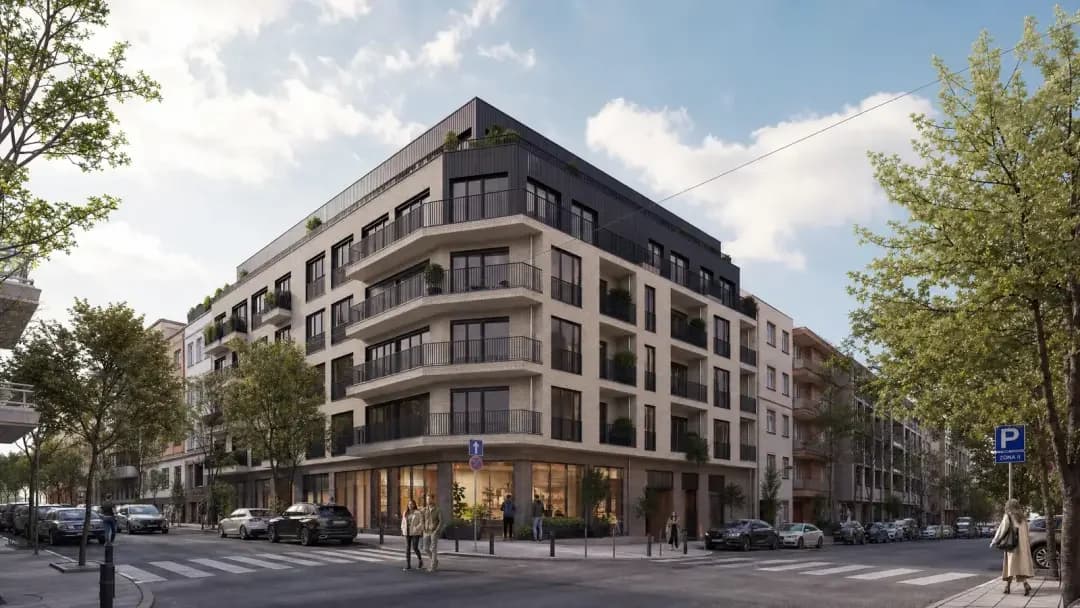 3D prikaz ulice — savremeni objekti u uličnom nizu iz perspektive pešaka, Elegant Render
