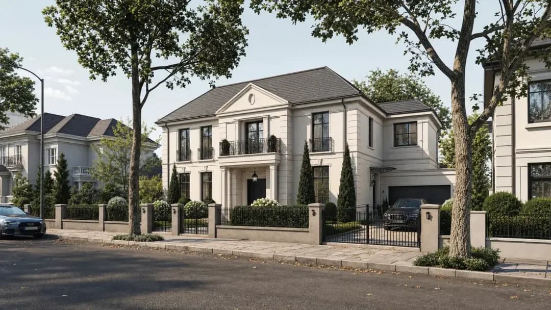 3D prikaz ulice — niz susednih objekata u uličnom kontekstu, Elegant Render